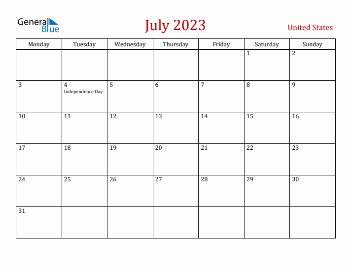 United States July 2023 Calendar - Monday Start