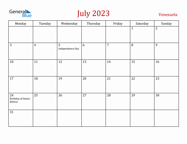Venezuela July 2023 Calendar - Monday Start