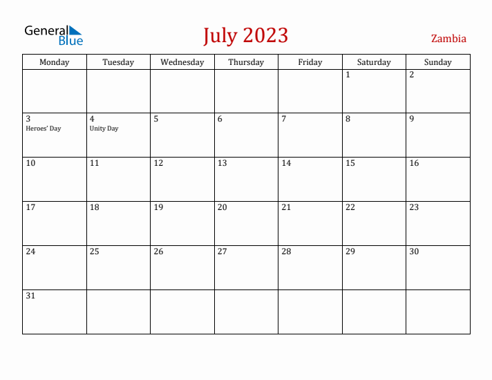 Zambia July 2023 Calendar - Monday Start