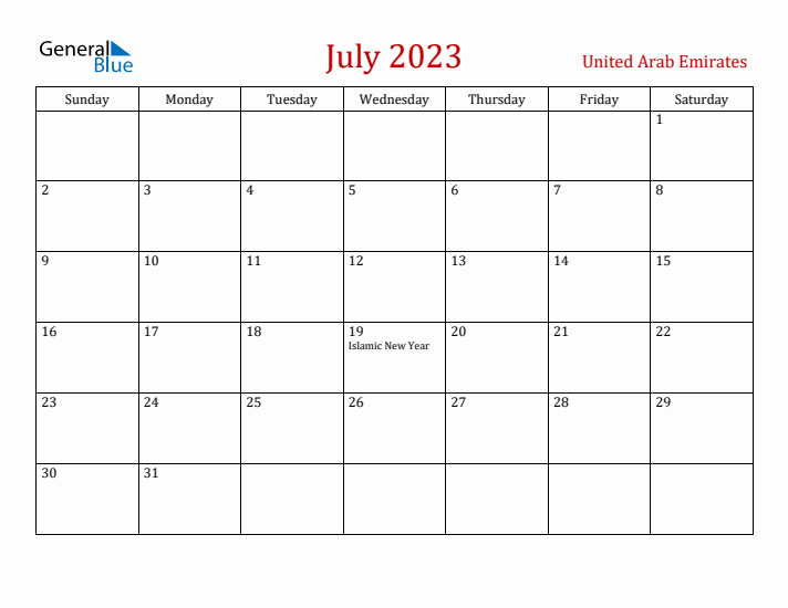 United Arab Emirates July 2023 Calendar - Sunday Start