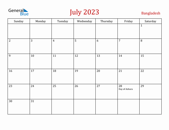 Bangladesh July 2023 Calendar - Sunday Start