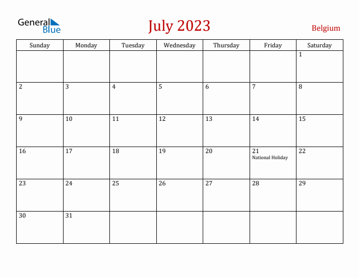 Belgium July 2023 Calendar - Sunday Start