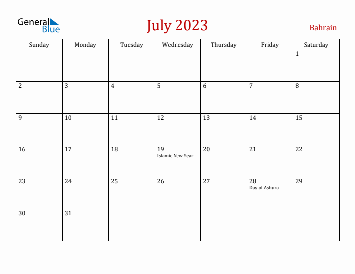 Bahrain July 2023 Calendar - Sunday Start