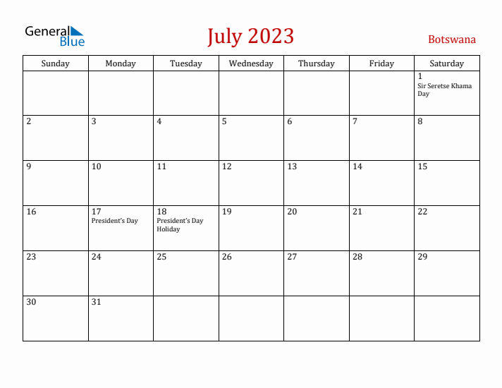 Botswana July 2023 Calendar - Sunday Start