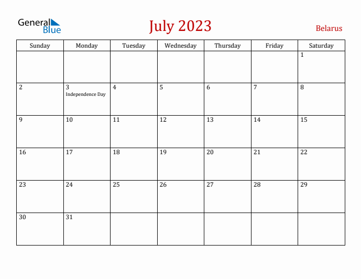 Belarus July 2023 Calendar - Sunday Start