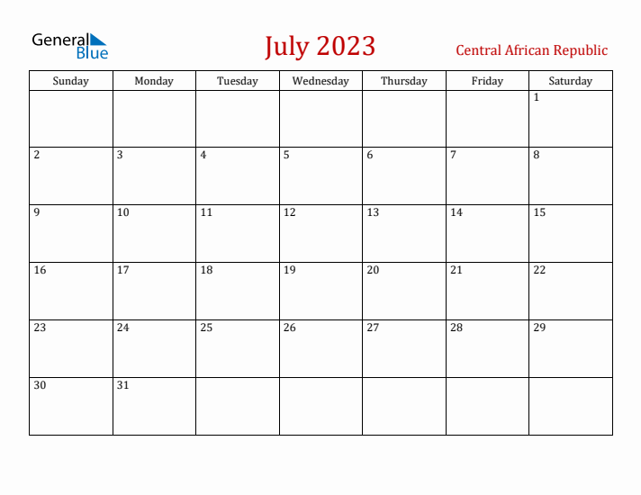 Central African Republic July 2023 Calendar - Sunday Start