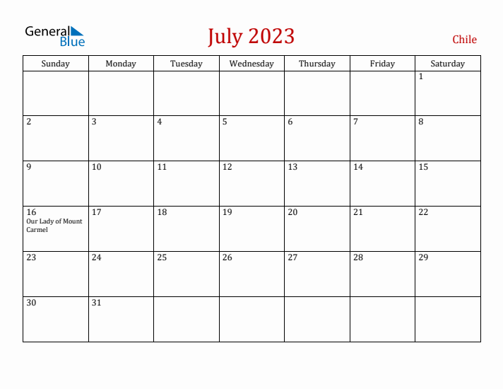 Chile July 2023 Calendar - Sunday Start