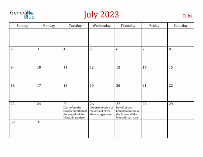 Cuba July 2023 Calendar - Sunday Start