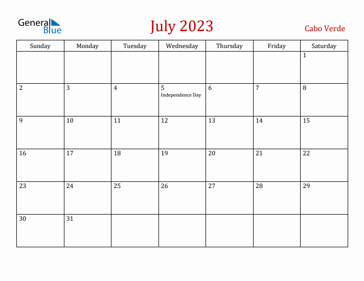 Cabo Verde July 2023 Calendar - Sunday Start