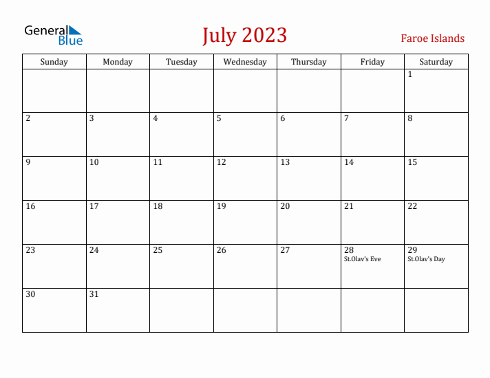 Faroe Islands July 2023 Calendar - Sunday Start