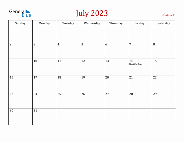 France July 2023 Calendar - Sunday Start