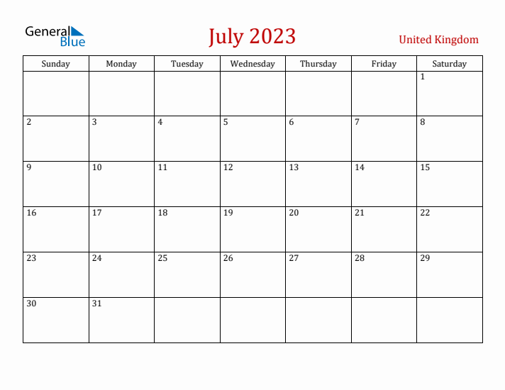 United Kingdom July 2023 Calendar - Sunday Start