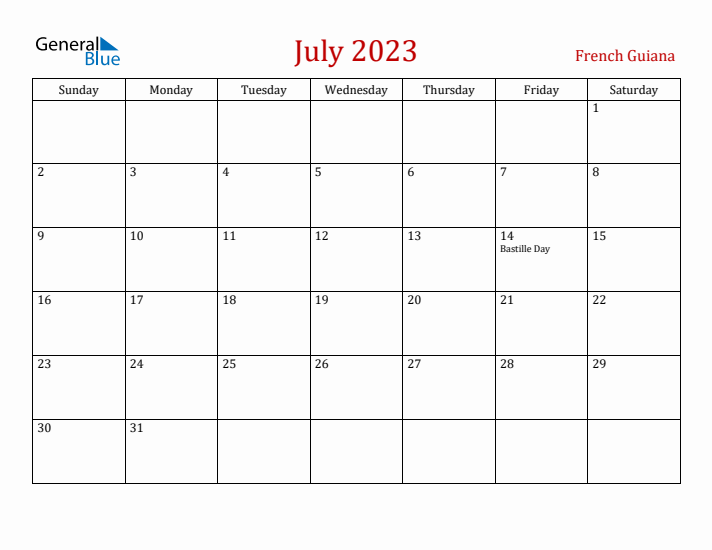 French Guiana July 2023 Calendar - Sunday Start