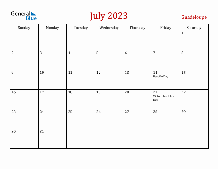 Guadeloupe July 2023 Calendar - Sunday Start