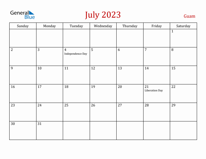 Guam July 2023 Calendar - Sunday Start