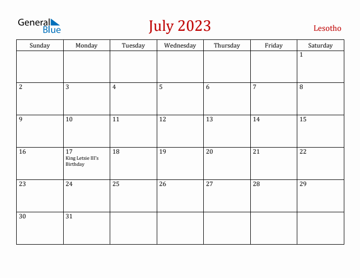 Lesotho July 2023 Calendar - Sunday Start