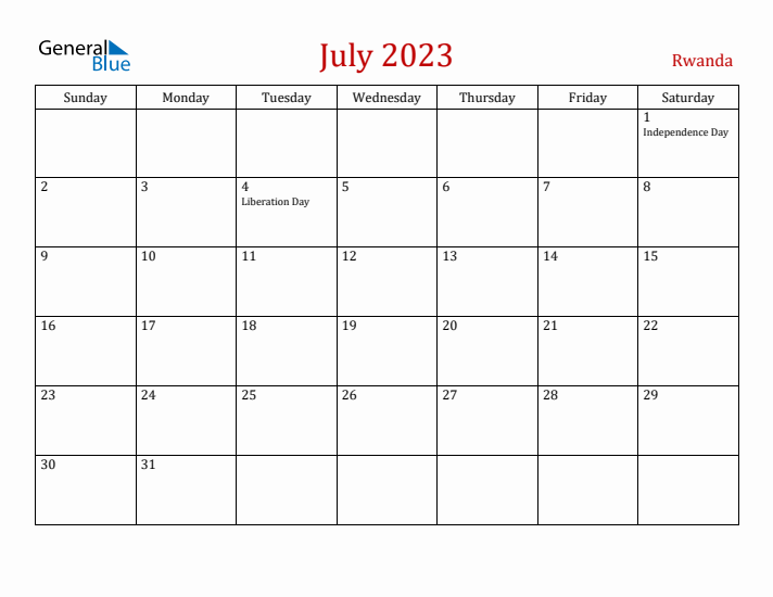 Rwanda July 2023 Calendar - Sunday Start