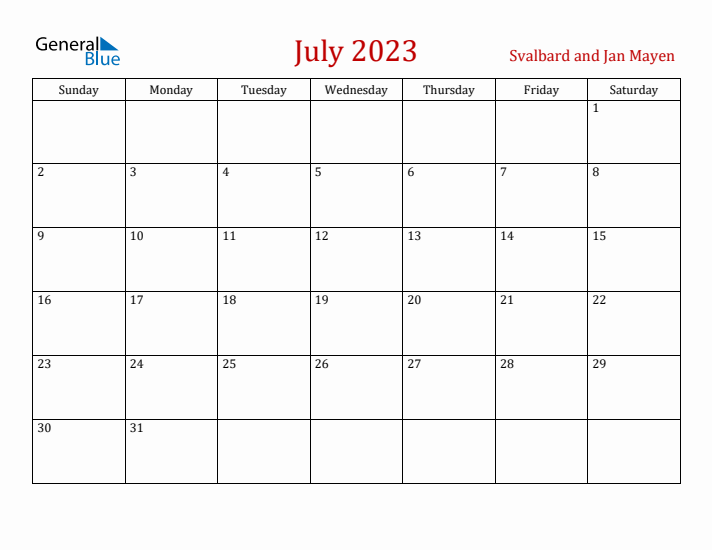 Svalbard and Jan Mayen July 2023 Calendar - Sunday Start