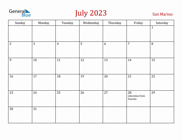 San Marino July 2023 Calendar - Sunday Start