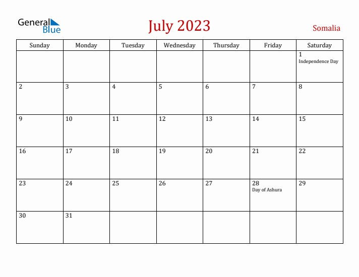 Somalia July 2023 Calendar - Sunday Start