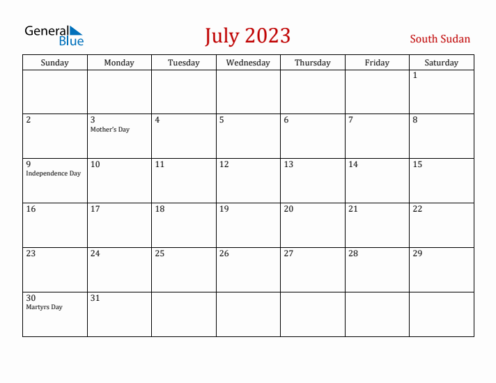 South Sudan July 2023 Calendar - Sunday Start
