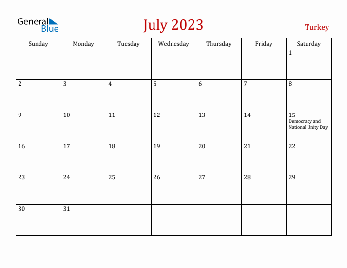 Turkey July 2023 Calendar - Sunday Start