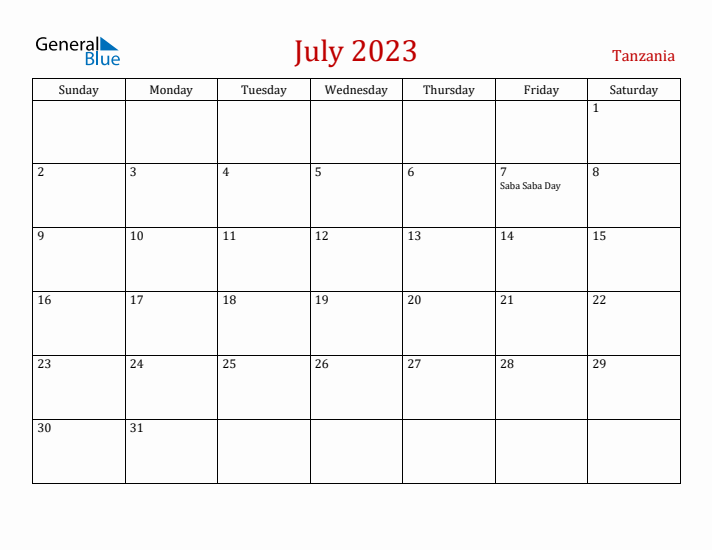 Tanzania July 2023 Calendar - Sunday Start