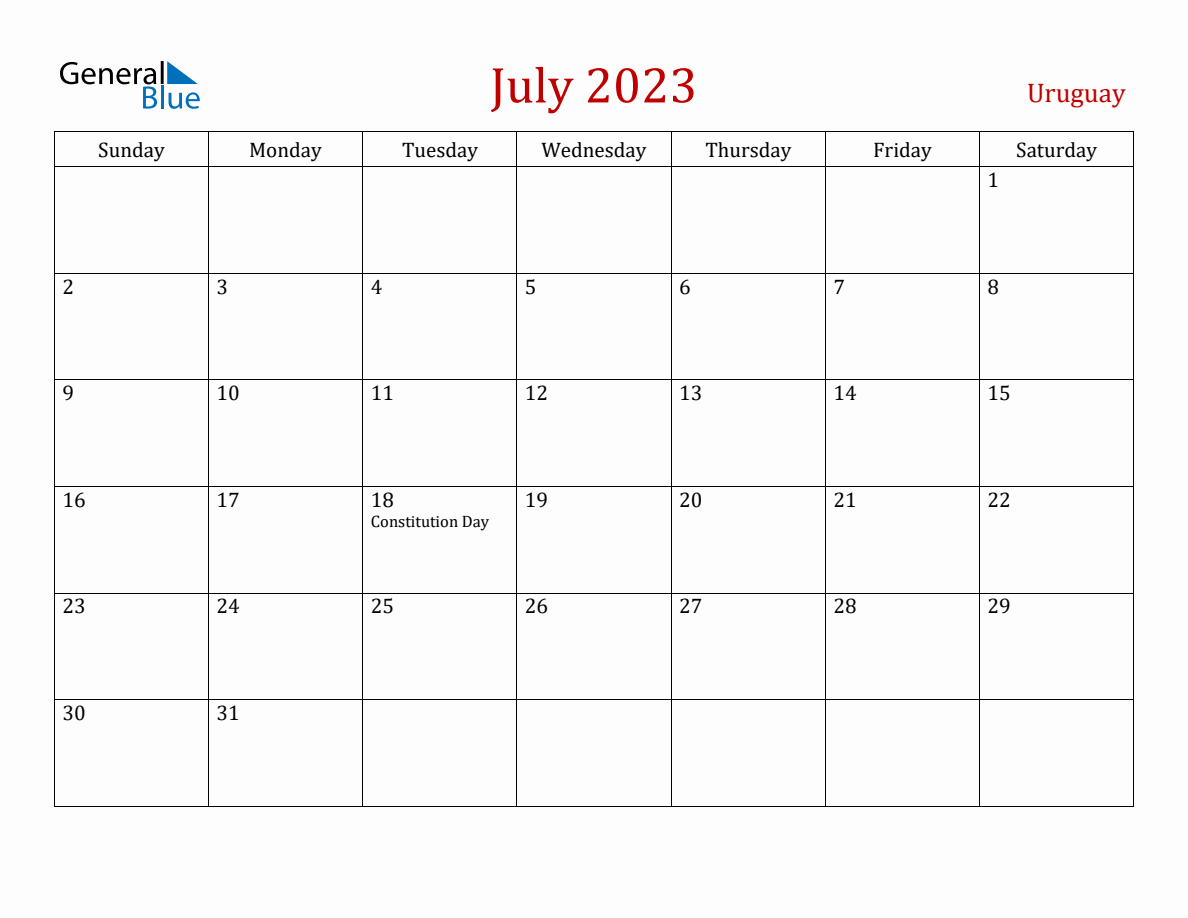 July 2023 Uruguay Monthly Calendar with Holidays