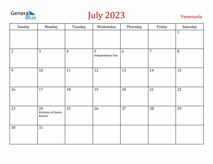 Venezuela July 2023 Calendar - Sunday Start