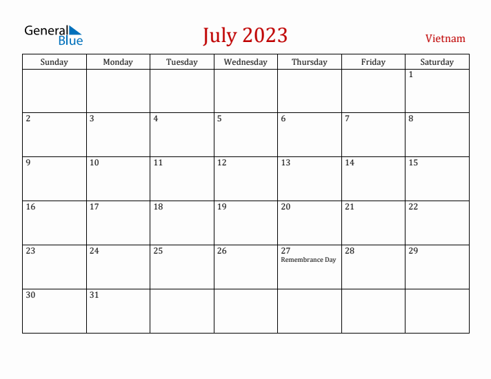 Vietnam July 2023 Calendar - Sunday Start