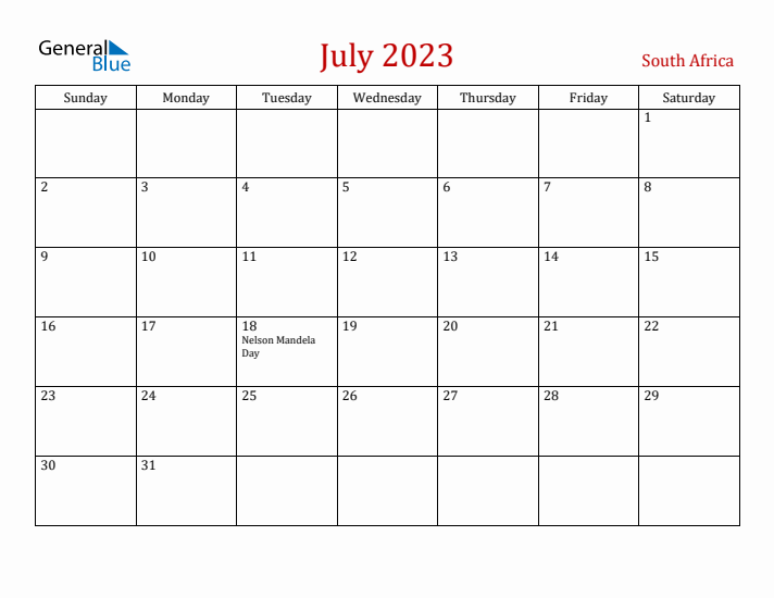 South Africa July 2023 Calendar - Sunday Start