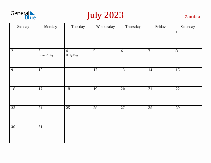 Zambia July 2023 Calendar - Sunday Start