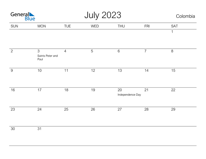 Printable July 2023 Calendar for Colombia