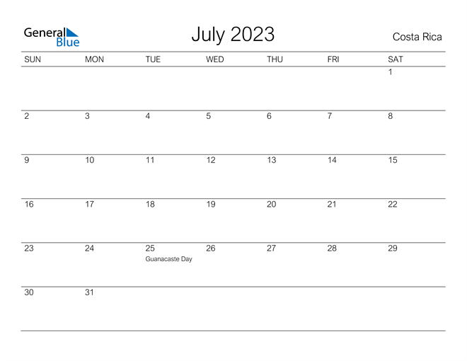 Printable July 2023 Calendar for Costa Rica