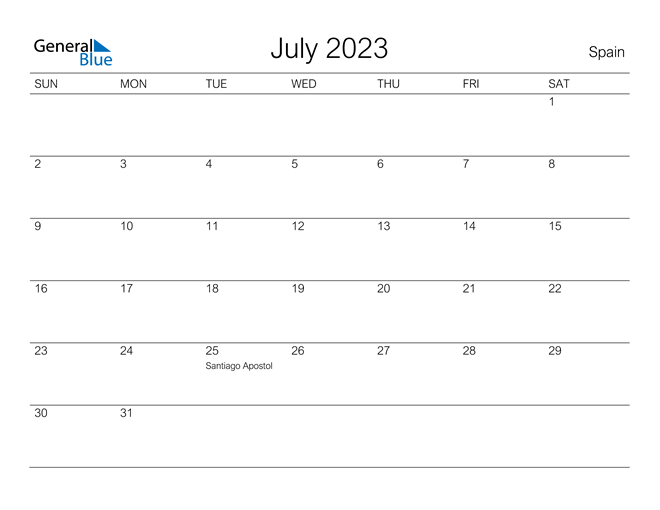 July 2023 Calendar with Spain Holidays