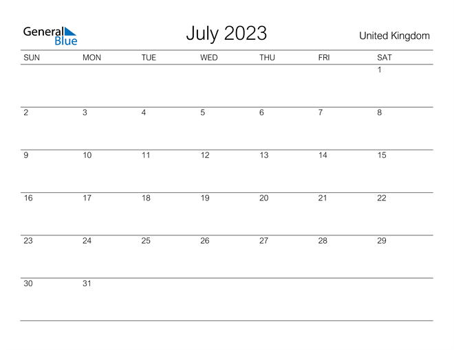 July 2023 Calendar with United Kingdom Holidays