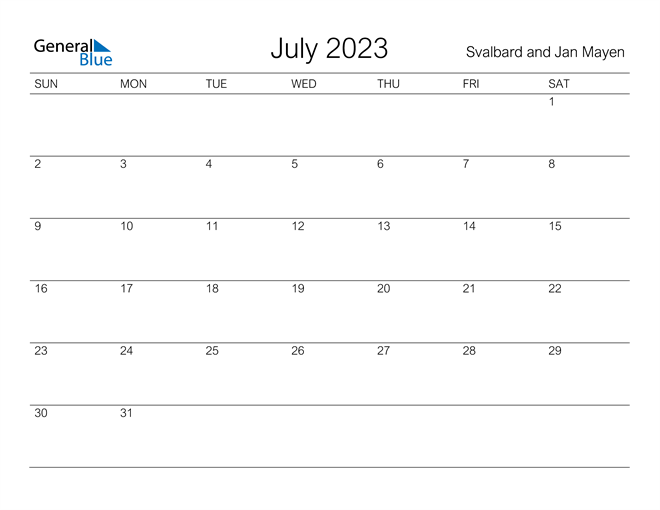 Svalbard And Jan Mayen July 2023 Calendar With Holidays