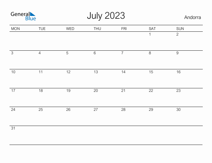 Printable July 2023 Calendar for Andorra