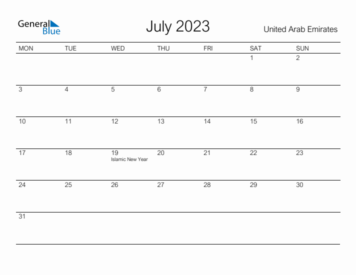 Printable July 2023 Calendar for United Arab Emirates