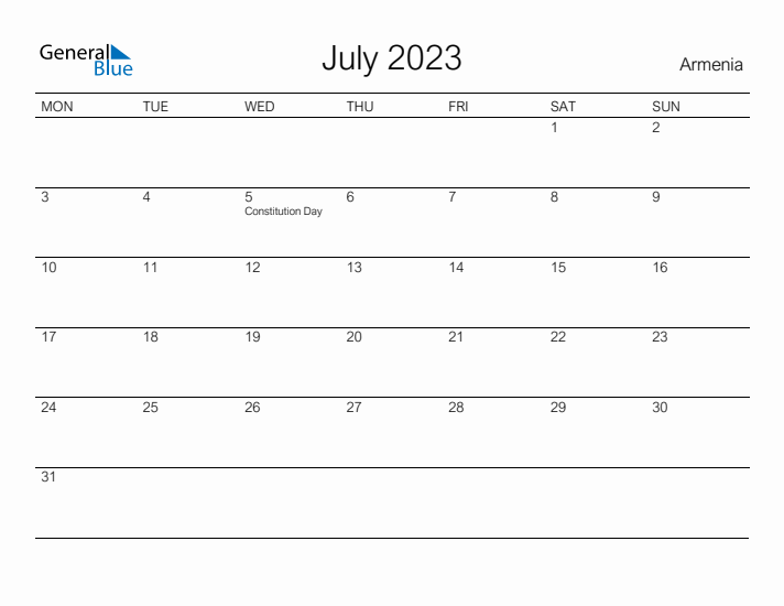 Printable July 2023 Calendar for Armenia