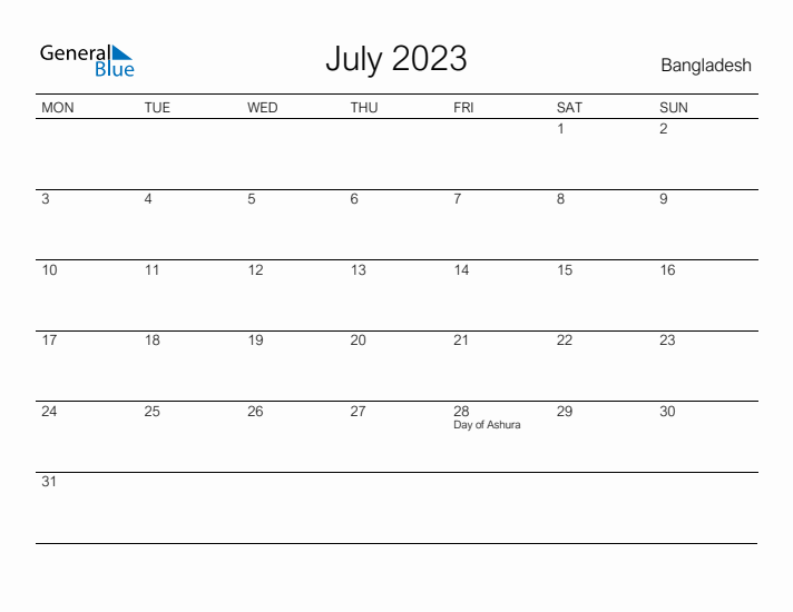 Printable July 2023 Calendar for Bangladesh