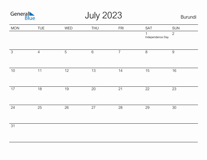 Printable July 2023 Calendar for Burundi