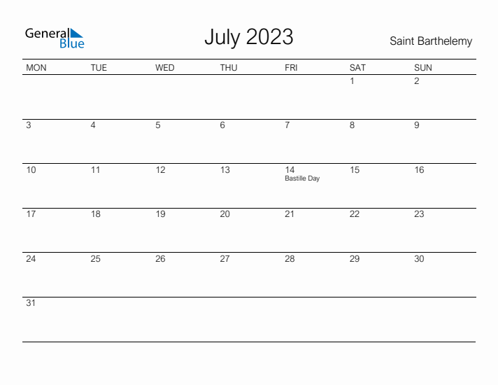 Printable July 2023 Calendar for Saint Barthelemy