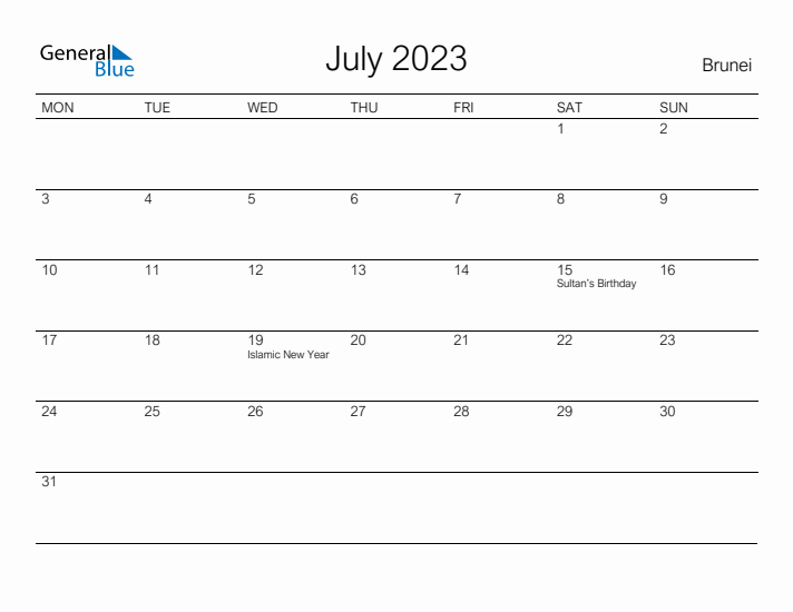 Printable July 2023 Calendar for Brunei