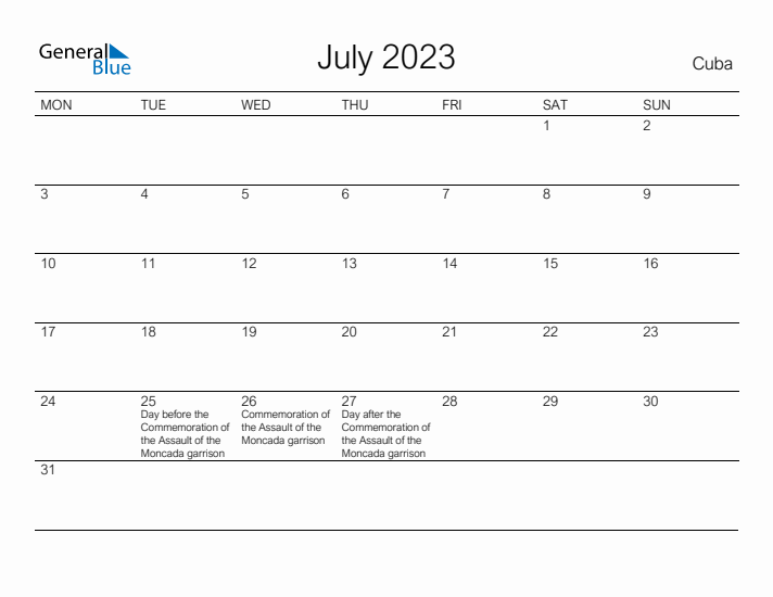 Printable July 2023 Calendar for Cuba