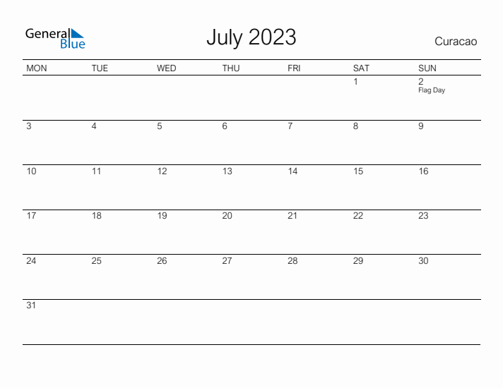 Printable July 2023 Calendar for Curacao