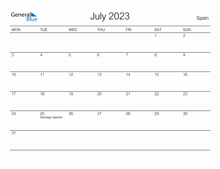 Printable July 2023 Calendar for Spain