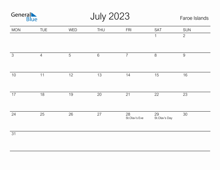Printable July 2023 Calendar for Faroe Islands