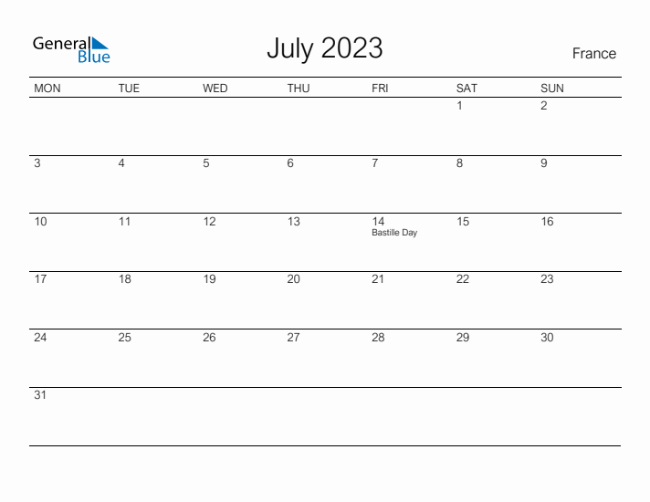 Printable July 2023 Calendar for France