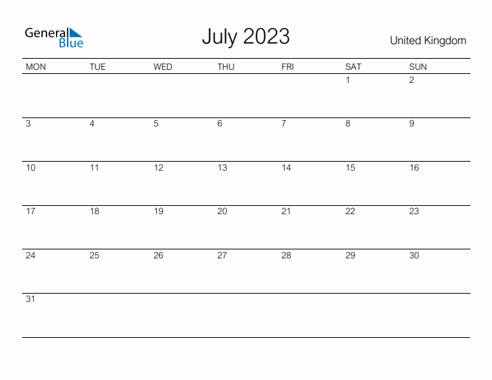 Printable July 2023 Calendar for United Kingdom